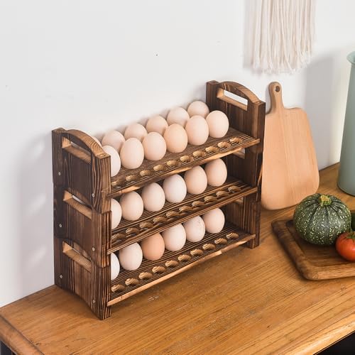 Wooden Egg Holder 3 Layer Fresh Egg Rack Holders Countertop Stackable Quail Egg Sorter Storage Trays Organizer Display Stand Kitchen Rack, Fits Duck, Turkey, Chicken Eggs,up to 36 Eggs, 3 Tier-Brown - size: 3-Tier