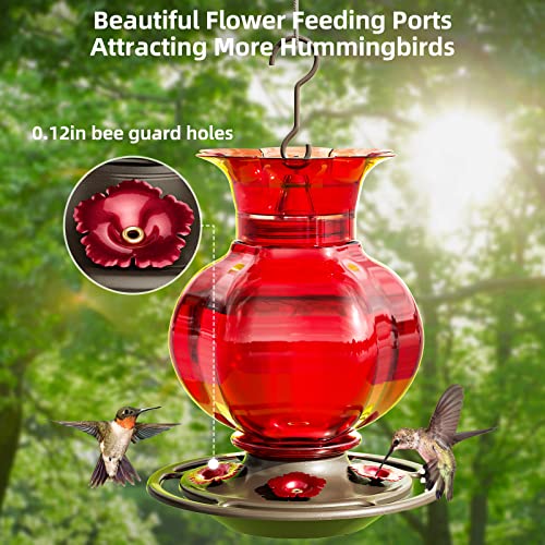 Auslar Glass Hummingbird Feeders for Outdoors Hanging, Red, 23 Oz | Hummingbird Feeder with Ant Moat & 5 Anti-Bee Feeding Ports, Ant and Bee Proof, Leakproof, Easy Clean and Fill, Garden Decor