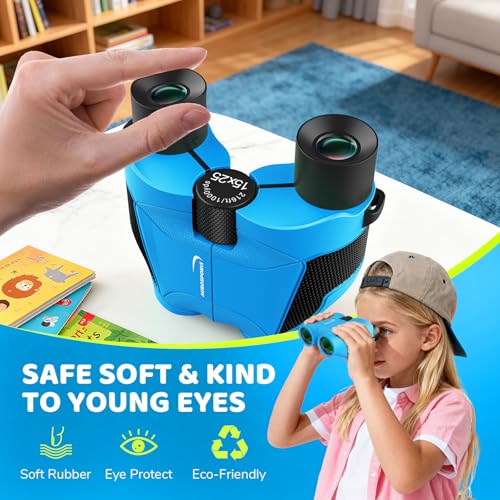 Aurosports 15x25 Compact Binoculars for Kids with Bird Guide Book, Blue | Lightweight Easy Focus with Carrying Case & Strap; Durable Fully Coated; Birdwatching Cruise Travel Gift for 8-12 Boys Girls - color: Blue