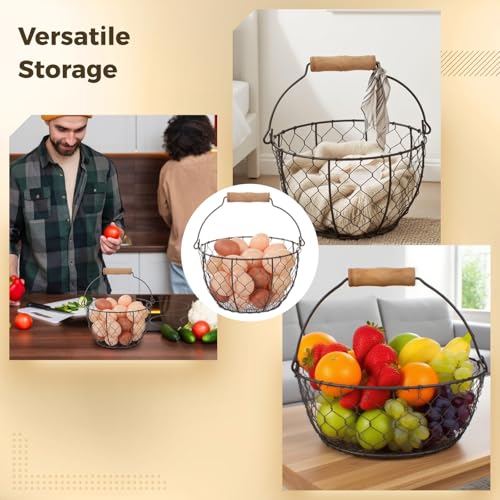 2 Pcs Wire Egg Baskets, Farmhouse Chicken Egg Collecting Baskets, Rustic Metal Egg Storages with Wooden Handle, Stackable Fresh Holders for Fruits, Vegetables, Sundries
