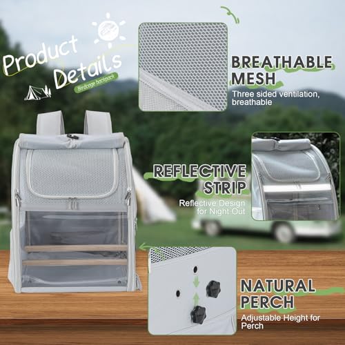 Sanmoncare Bird Carrier Backpack with 2 Adjustable Perches, Water-Repellent Parrot Travel Cage with Stainless Steel Tray, Breathable Pet Carrier for Cockatiels, Conures and Vet Visits - color: Grey