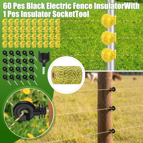 Electric Wire Fence Kit, 5 Mile 110VAC 0.25 J Plug in Fence Charger with 656 FT Polywire, 40 T Post Insulators, 20 Screw in Insulators for Pasture Farm Horse Cattle Poultry Fencing - size: 656FT, style: 0.25J