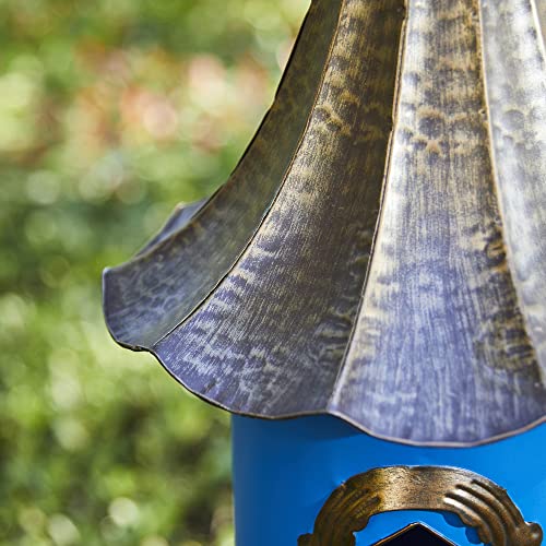 Glitzhome 32”H Metal Hanging Birdhouse for Outdoors Oversized Farmhouse Pagoda Painted Bird House with Bronze Roof for Bluebird Wren Chickadee Sparrow Bird Nest Box for Garden Patio, Retro Blue - color: Retro Blue