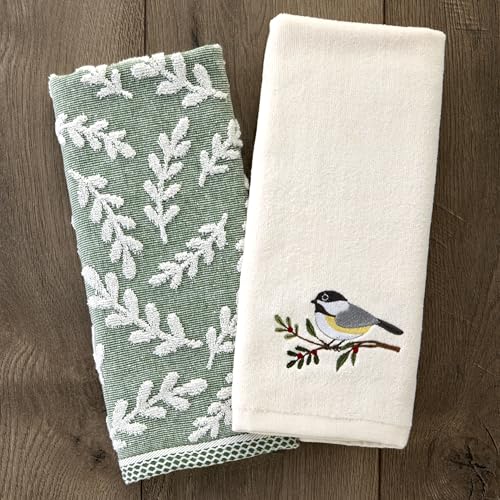 SKL Home Leaf Sprig 100% Cotton Jacquard 2pc Hand Towel Set, Reversible & Decorative for Bath/Kitchen/Bar & Gift, Spruce - color: Leaf Spring, Spruce