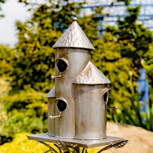 Zaer Ltd. Large Silver Colored Multi-Birdhouse Stakes, Room for 4 Bird Families in Each (Tall Triple Cylinder Homes (Silver Color)) - style: Tall Triple Cylinder Homes (Silver Color)