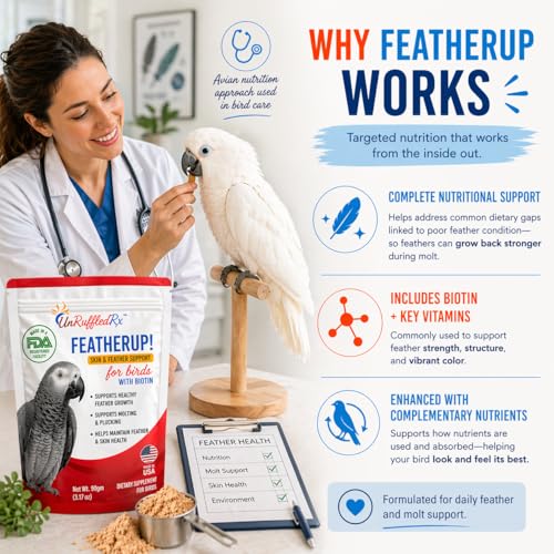 FeatherUp! Bird Molting Support & Feather Growth Supplement - for Plucking, Regrowth & Molt - Multivitamin & Amino Acids for All Birds - 90g (240 Servings)