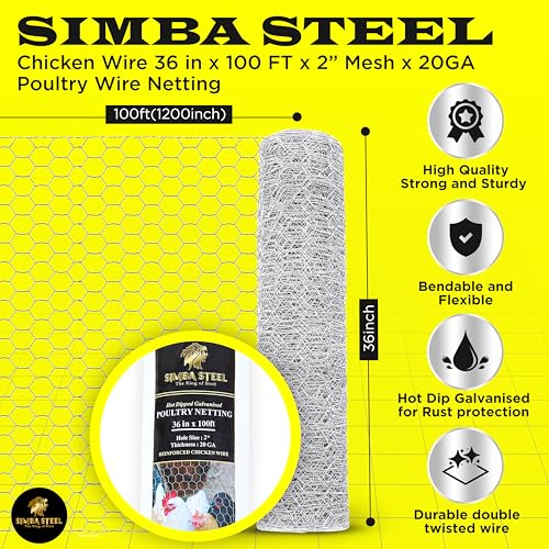 Chicken Wire 36 in x 100 FT x 2” Mesh x 20GA | Poultry Wire Netting | Hot Dipped Galvanised | Hexagonal Galvanized Mesh for Chicken Coop, Rabbit Cage, Fence Barrier PM36x100x2 - style: 36 in x 100 FT x 2 in