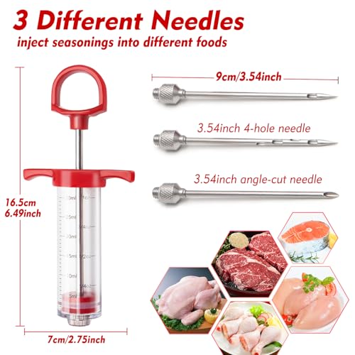 Meat Injector, 1-oz Plastic BBQ Marinade Injector Kit, Turkey Injector Syringe (3 Stainless Steel Meat Needles +3 Replacement O Rings + 1 Cleaning Brush) for Turkey Smoked BBQ Grill