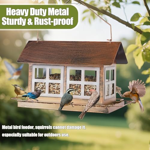Bird Feeder, Waterproof Bird Feeders for Outdoor Hanging | Heavy Duty Metal, 6LB Large Capacity, 4 Perches, Drain Holes, For Outside Garden Yard Country Hanging, House Shape - size: Horizontal