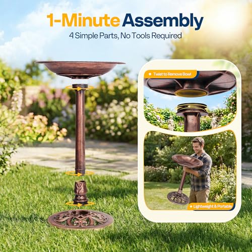 VIVOHOME Bird Bath for Outside, Polyresin, Pedestal, Antique Bronze | Weather-Resistant, 20-Inch Bowl, 28-Inch Height, for Outdoor/Garden, Bird-Friendly, Easy to Clean - color: Antique Bronze