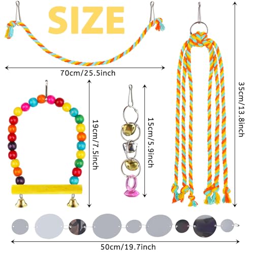 QUOZUO 8 pcs Bird Toys for Parakeets with Colorful Ladder Hammock Bird Cage Accessories Bird Perch Stand Chewing Toys Hanging Bell Parrot