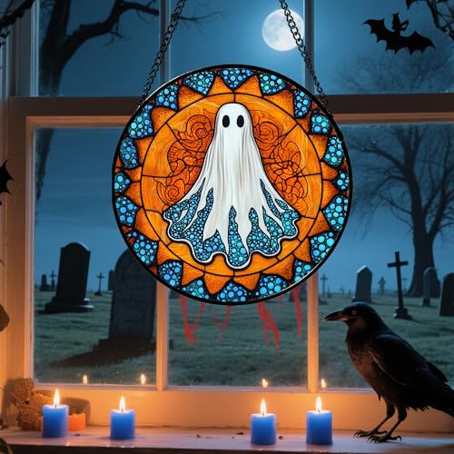 Stained Glass Window Hanging - Halloween Decorations White Ghost Suncatcher for Doors Garden Indoor Spooky Funny Blue Sun Catchers Gothic Decor Horror Gifts for Women Men Friend 15 in - color: Blue-orange, size: 15x15 IN