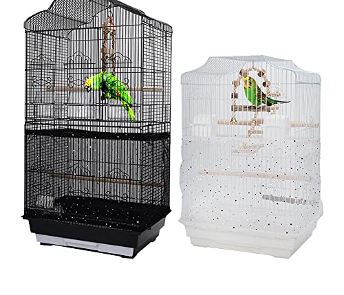 2PCS Adjustable large Bird Cage Cover Birdcage Nylon Mesh Feather Net Cover Seed Catcher Twinkle Star Universal Guard Skirt for Parakeet Macaw African Round Square Cage Parrot(XL, BLACK + WHITE) - size: X-Large