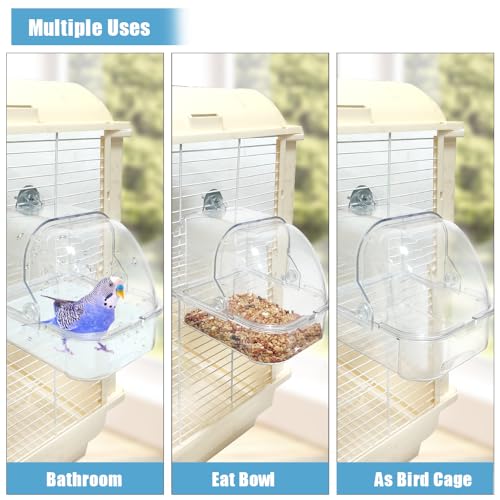 Bird Bath for Cage, Plastic Water Bowl Feeder for Pet Birds, Parrot Bathtub with Hanging Hooks for Little Bird Parrots Spacious Parakeets Portable Shower for Most Birdcage - color: clear
