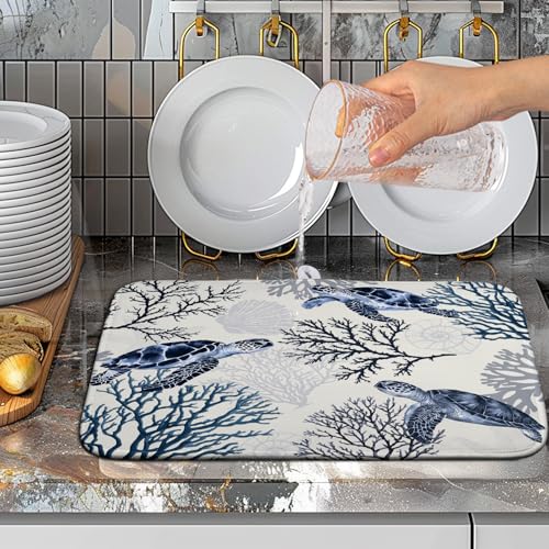 Nautical Coastal Dish Drying Mat Summer Beach Dish Pad for Kitchen Counter Ocean Coral Sea Turtle Absorbent Microfiber Dish Draining Reusable Washable Blue Dish Drainer Mat 16×18 Inch - color: Coastal Turtle, size: 16" x 18"