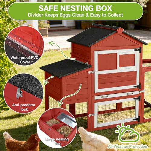 GUTINNEEN Large Chicken Coop with Run for 4-6 Chickens, Mobile Chicken Coop with Wheels & Handle, Outdoor Wooden Hen House with Nesting Box, Removable Tray, Waterproof Roof, Poultry Cage-Red - size: 82.4"L x 25.8"W x 44.1"H-Red
