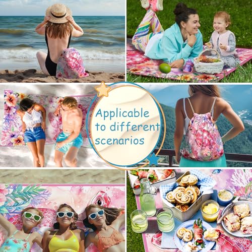 Sea Turtle Beach Towel Bag - Pink Multi-Functional Microfiber Beach Blanket Flower Printed Drawstring Bag for Travel - color: Summer Turtle Pink