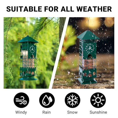 Metal Squirrel Proof Bird Feeders for Outdoors Weight Activated,3 Lbs Green | Hanging Anti Squirrels Buster Mesh Birdfeeders for Outsides Chew & Weather proof, Easy to Fill 4 perches Decor Backyard