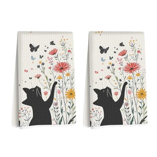 2 Pcs Flower Cat Kitchen Towels Decorative Hand Towels | Absorbent Soft Microfiber Towels for Bathroom, Home, Cat Lover Housewarming Gifts for Women, Mom, Dish Cloths - color: Multi 1223