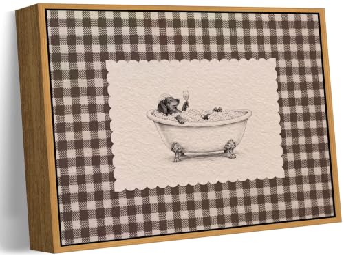 Floating Framed Vintage Dog Stripe Bathroom Canvas Wall Art, Dachshund in Bathtub Painting Picture Wall Decor, Retro Funny Bath Gingham Poster Print Artwork for Toilet, Home Decoration 8x10in - color: cute dog, size: 10"L x 8"W