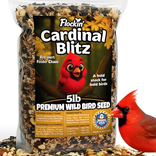 Cardinal Bird Seed, Sunflower Seeds, NutraSaff, Peanuts & Mealworms, 5lb | Premium No Filler Blend to Increase Wild Bird Activity, Attracts Cardinals & Various Songbirds to Backyard Feeders, USA Made