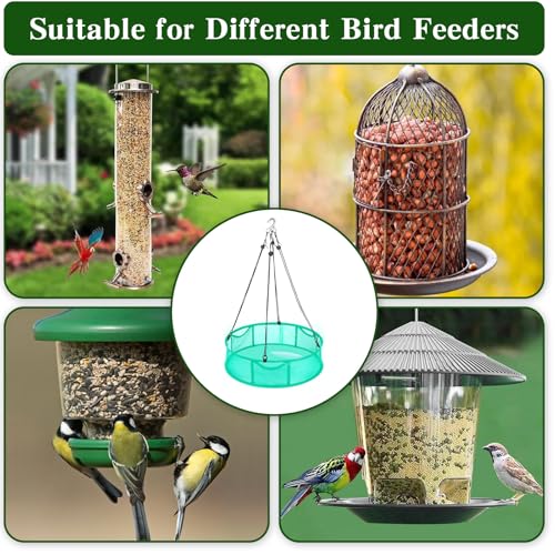 2 Pcs Bird Seed Catcher Trays, 16 Inch Green Spill Guard Platform for Hanging Feeders, Windproof Mesh Seed Hoop with Hooks, Outdoor Feeder Accessory
