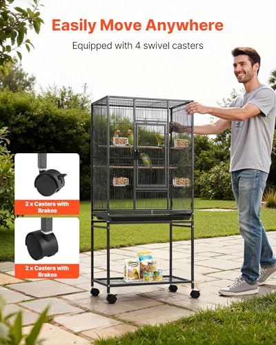 VEVOR Bird Cage, 24.6 x 16.7 x 53.9 inch, Flat Top, Wrought Iron Bird Flight Cage with Perches, Slide-Out Tray and Plastic Feeders, Casters, for Parrot, Blue Tit, Cockatiel, Canary, Budgerigar, Conure - size: 24.6"L x 16.7"W x 53.9"H