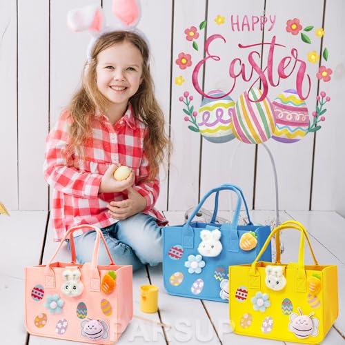 PARSUP 3PCS Easter Egg Hunt Bags Happy Easter Bunny Gift Bags with Handles, Easter Treat Bags, Felt Easter Bags for Gifts Wrapping, Egg Hunt Game, Easter Party Supplies, 12" x7.8" x6.8"