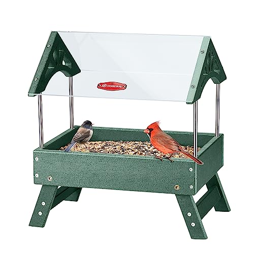 Kingsyard Covered Platform Ground Bird Feeder for Outdoors, Green | Rain-Resistant Roof, Weather-Resistant Recycled Poly Lumber, Metal Mesh Bottom, Foldable Legs, Tool-Free Assembly - color: Green
