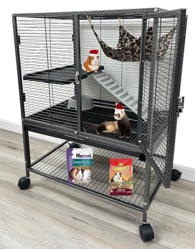 Deluxe Two Tiers Small Animal Critter Cage Tight 1/2-Inch Bar Spacing Water Bottle Food Bowl Feisty Ferret Hammock Chinchilla Rat Mice Squirrel Rabbit Sugar Glider Easy Clean Pull Out Grate Tray - color: Black Vein, size: 24"L x 17.5"W x 34"H