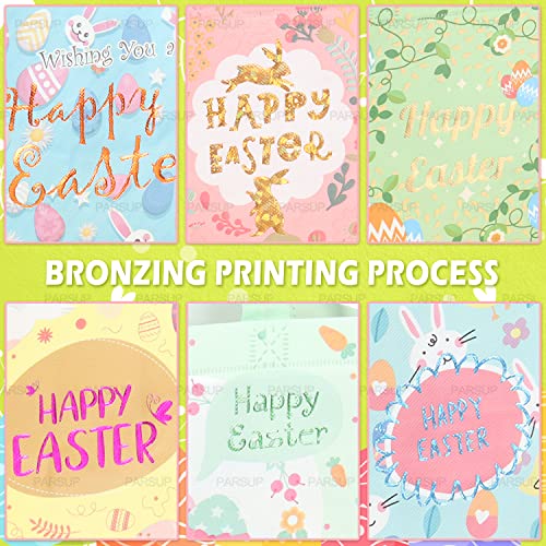 12PCS Happy Easter Egg Hunt Bags Easter Bunny Carrot Chick Egg Gift Bags with Handles, Easter Treat Bags, Easter Party Supplies , 8.3×7.9×5.9inch - color: Foil Blue Yellow Pink