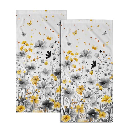 Spring Floral Hand Towels 14x28 Inch Set of 2 Watercolor Grey Yellow Wildflowers Absorbent Soft Dish Washing Cloth Tea Towels for Home Kitchen Bathroom Gym Hotel Spa Decor - color: Yellow Grey Flowers