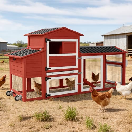 Mobile Chicken Coop with Wheels for 4-6 Chickens, Large Outdoor Hen House with Run, Weatherproof Roof, Sectionable Nesting Box, Pull-Out Tray, 83.3" L x 26" W x 42" H - Red - size: 83.3"L x 26.0"W x 42.0"H