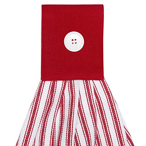 Tango Red and White Ticking Stripe Hanging Kitchen Dish Hand Towel Cotton with Button Accent, Set of 2 - color: Tango Red
