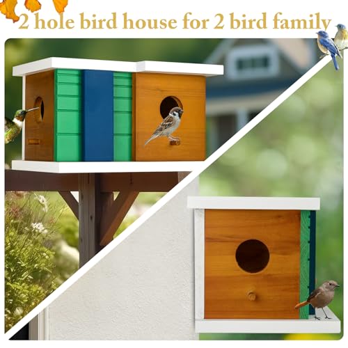 Bird House Wooden Birdhouse with 2 Holes - Bird House for Outside Ideal for Bluebird,Finch, Cardinals and Garden Wild Birds - Outdoor Hanging Bird Nesting Box