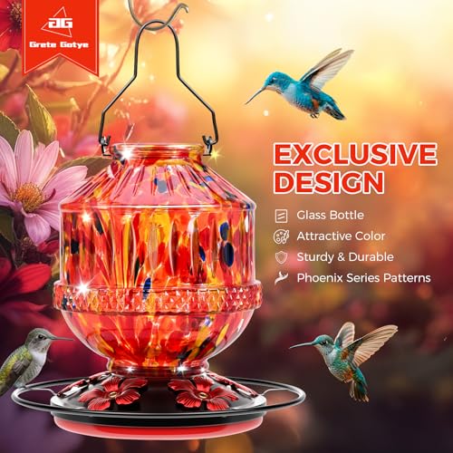 Blown Glass Hummingbird Feeders for Outdoors, 25 Ounces Wild Bird Nectar Feeder with Perch & 5 Flower Feeding Ports Leak Proof Hanging for Garden Backyard Decor, Gifts for Women Mom, Sunrise Red - color: Sunrise Red
