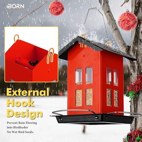 iBorn Bird Feeder House, Metal Bird Feeders for Outdoors Hanging,Double-Sided Metal Hanger & Weatherproof, Easy to Clean & Refill, 2.2 Lbs Capacity, Red - color: Red
