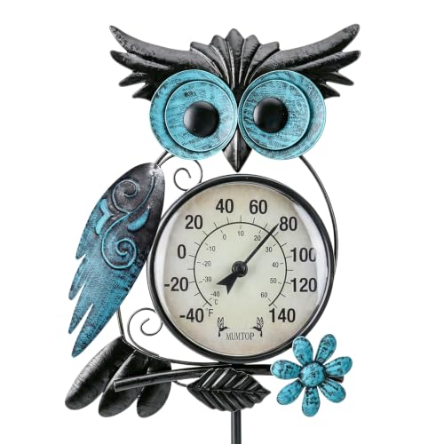 Outdoor Thermometer, Owl Outside Decor for Patio, Yard and Garden | No Battery Needed, Waterproof, Indoor and Outdoor, Easy to Read, Gifts Idea - color: Blue