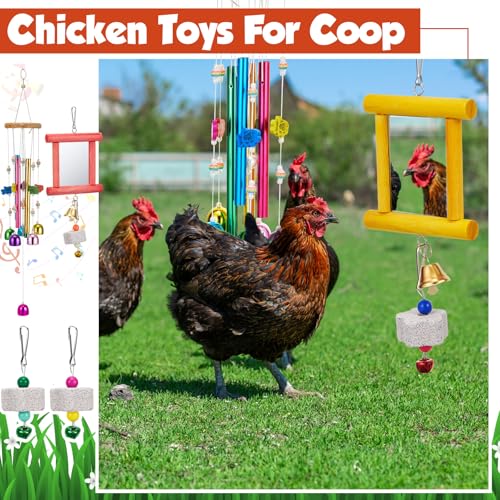 VioraWhite 7 Pcs Chicken Toys, Hanging Chicken Wind Chime, 2 Pcs Coop Mirror Toys with Bells 4 Pack Beak Grinding Stones, Musical Coop Accessories for Hen Rooster Chick Poultry Bird (Rose Red, Yellow) - color: Rose Red, Yellow