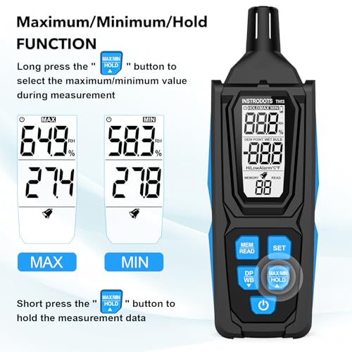 Temperature Humidity Meter, High Precision Digital Psychrometer Hygrometer with Dew Point, Wet Bulb Thermometer for Indoor Outdoor, 99 Data Storage, Temp Alarm, Backlight, MAX/MIN, Auto Shutdown - color: Blue, size: TH13