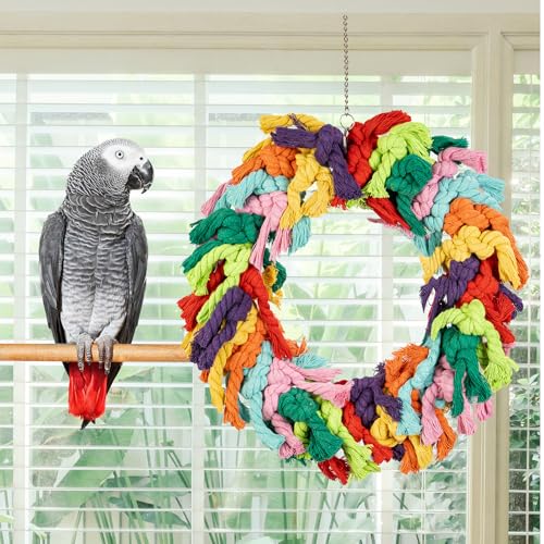 Parrot Swing for Large Birds | Colorful cotton rope hanging ring. Fits African Grey, Cockatoo, Conure, Parakeet. Encourages chewing, exercise, snuggling. - size: Parrot Swing
