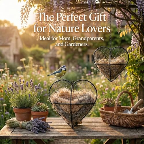 Handmade Alpaca Fiber Bird Nesting Heart - Refillable Bird Nesting Material Holder with Alpaca Wool for Bird Nesting - Outdoor Garden Dispenser & Nesting Material for Wild Birds (1 Set)