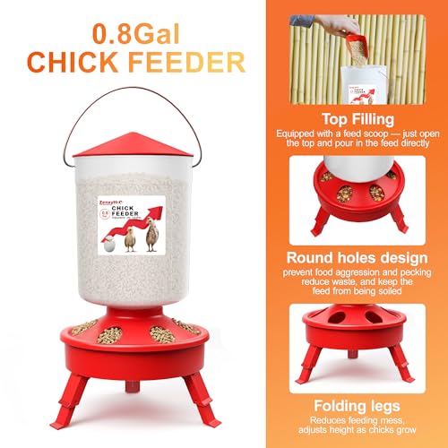 2-in-1 Chick Starter Set: Top Filling 0.8 Gal Feeder & 0.4 Gal Waterer Red | Chick Feeder and Waterer With Adjustable Legs, Anti-drown Design, Hanging Hooks & Scoop for Baby Chicks - size: 0.8 Gal Feeder & 0.4 Gal Waterer