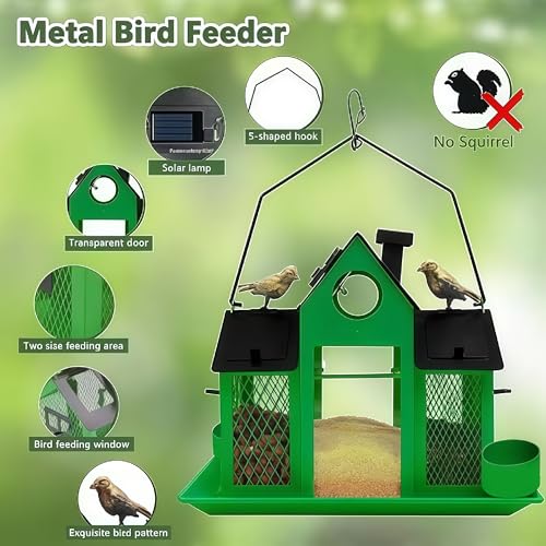 Solar Bird Feeders House for Outside Hanging, Metal Wild Bird Feeder for Outdoors Large Capacity Cardinal Birdfeeder Birdhouses Metal Bird Feeding Station Green - color: green