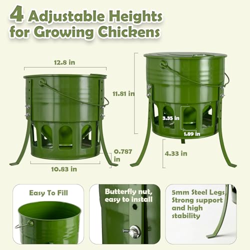 Metal Chicken Feeder No Waste - 20LB Large Chicken Feeder with 12 Ports & 4 Adjustable Heights Tripod Stand, Automatic Hanging Poultry Feeder, Rainproof for Backyard Chickens & Small Flocks
