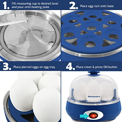 Elite Gourmet EGC322CBL Easy Egg Cooker, 7-Egg, BPA-Free, Classic Blue | Cooks soft, medium, or hard-boiled eggs with auto shut-off - electric operation - includes measuring cup - color: Blue, size: 7 Egg