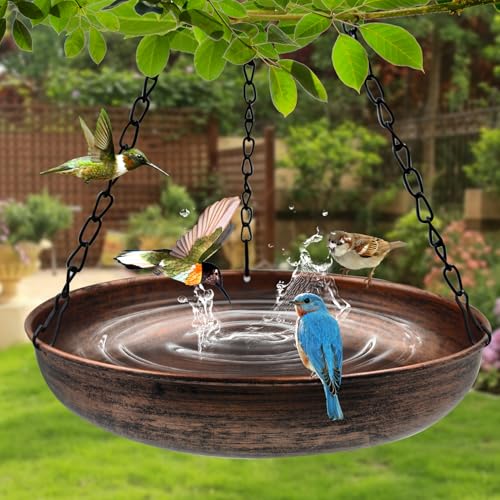 10" Compact Metal Hanging Bird Bath with Chains | 1.6" Deep Bowl, 0.4Gal Capacity, 3 Chain Support, Easy Cleaning, Rust Resistant, Small Space Decor - size: 10"