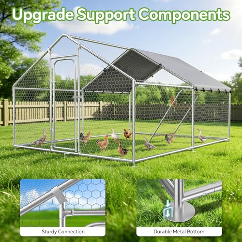 10 x 13.2 x 6.4 FT Metal Chicken Coop, Chicken Run with Cover | Walk-in Metal Chicken Coop, Side Hardware Cloth, Waterproof Cover, Roosting Perch, reinforced frame, Backyard & Farm Use - size: 157.5"L x 119.0"W x 77.2"H