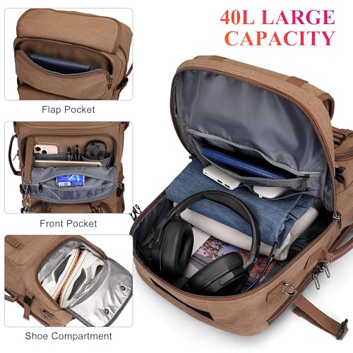WITZMAN Travel Backpack for Men 40L Large Carry-on Airline Approved | Canvas 3 in 1 Duffle Luggage Bag Fits 16“ Laptop, Shoe Compartment, For Weekend Getaway, Overnight Trip - color: Brown