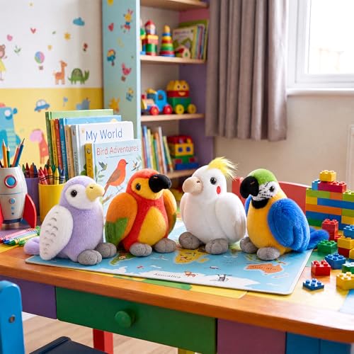 Soulchen 4 Pcs Parrot Birds Stuffed Animals Toy Gift Set 4.7 Inch | Macaw, Budgie, Cockatiel, Sun Conure Small Plush Parrot Stuffed Animal Doll Toys for Kids Boy Girl Birthday Party Bird Lovers